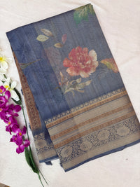 Unique Semi Tussar with Zari Border and Digital Prints - Blue