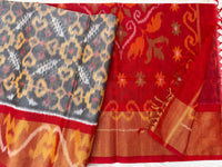 Grey with Red Pochampally Ikkat Silk Cotton (SICO Pattu)