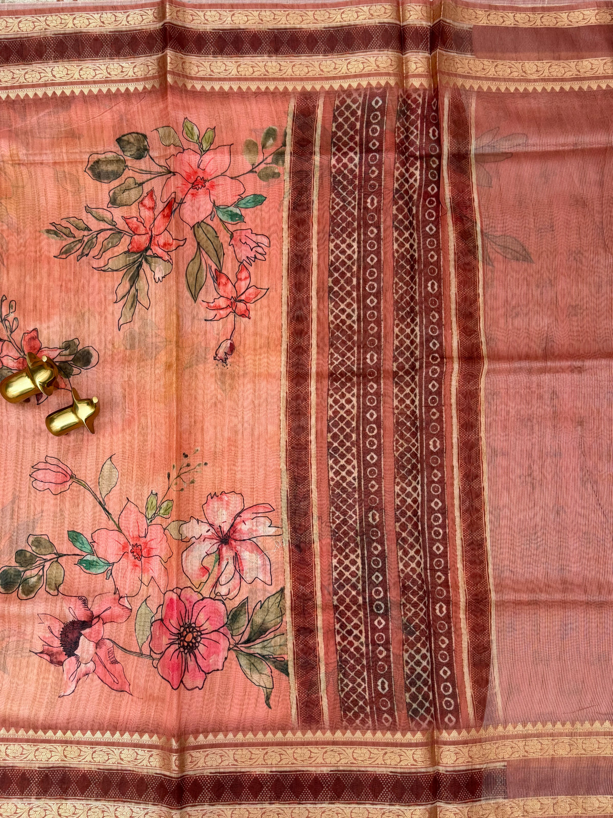Unique Semi Tussar with Zari Border and Digital Prints - Peach