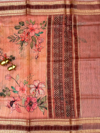 Unique Semi Tussar with Zari Border and Digital Prints - Peach