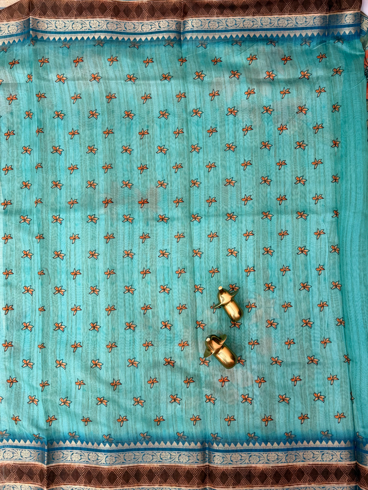 Unique Semi Tussar with Zari Border and Digital Prints - Blue