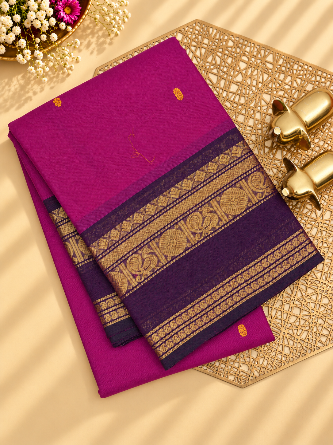Chettinad Cotton Sarees - Magenta Pink with Dark Purple