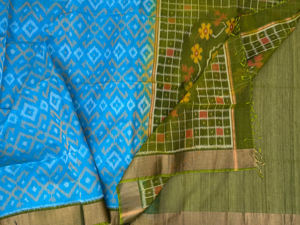 Blue with Green Pochampally Ikkat Silk Cotton (SICO Pattu)