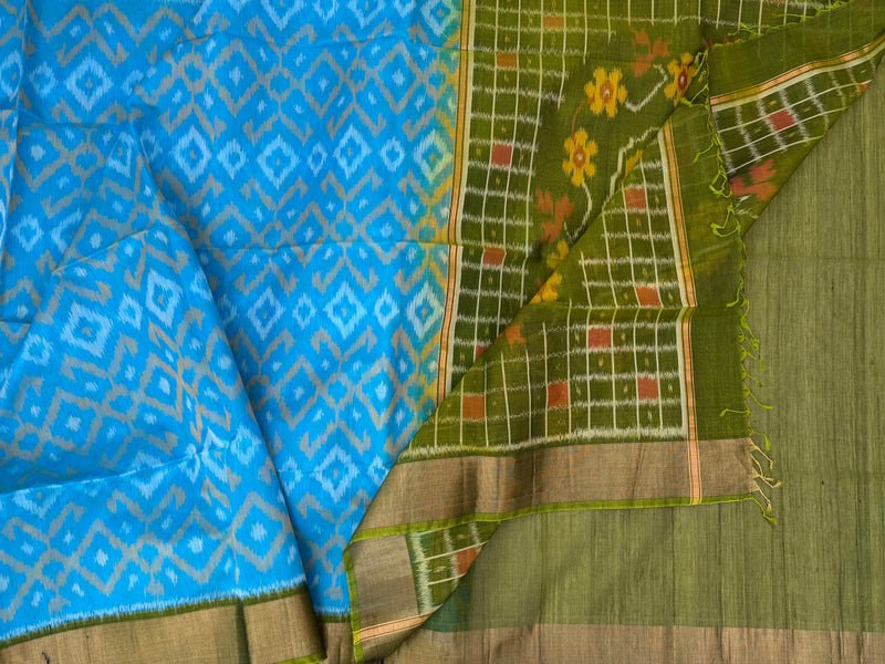 Blue with Green Pochampally Ikkat Silk Cotton (SICO Pattu)