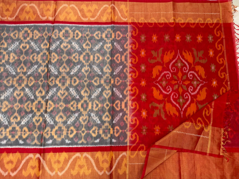 Grey with Red Pochampally Ikkat Silk Cotton (SICO Pattu)