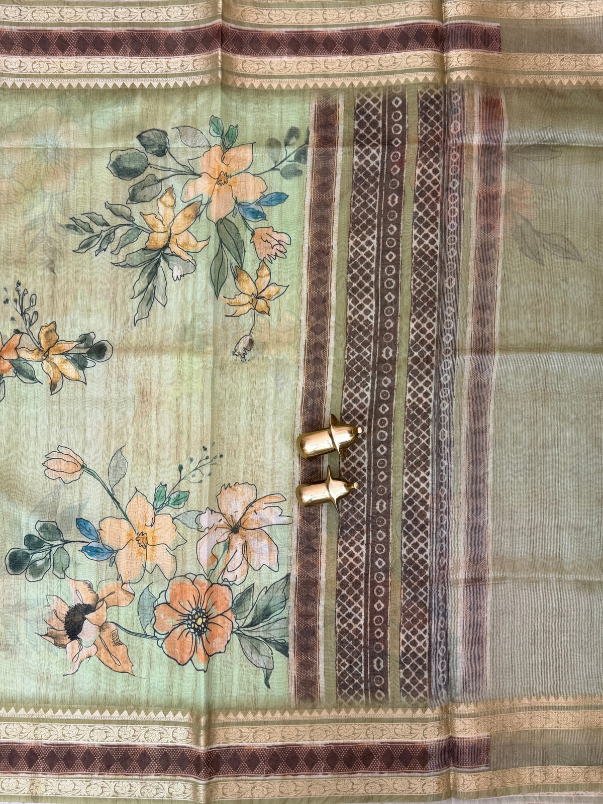 Unique Semi Tussar with Zari Border and Digital Prints - Green