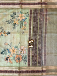Unique Semi Tussar with Zari Border and Digital Prints - Green