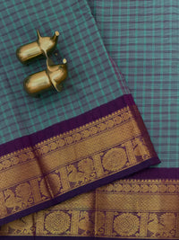 Chettinad Cotton Saree - Rama Green with Dark Purple Checks