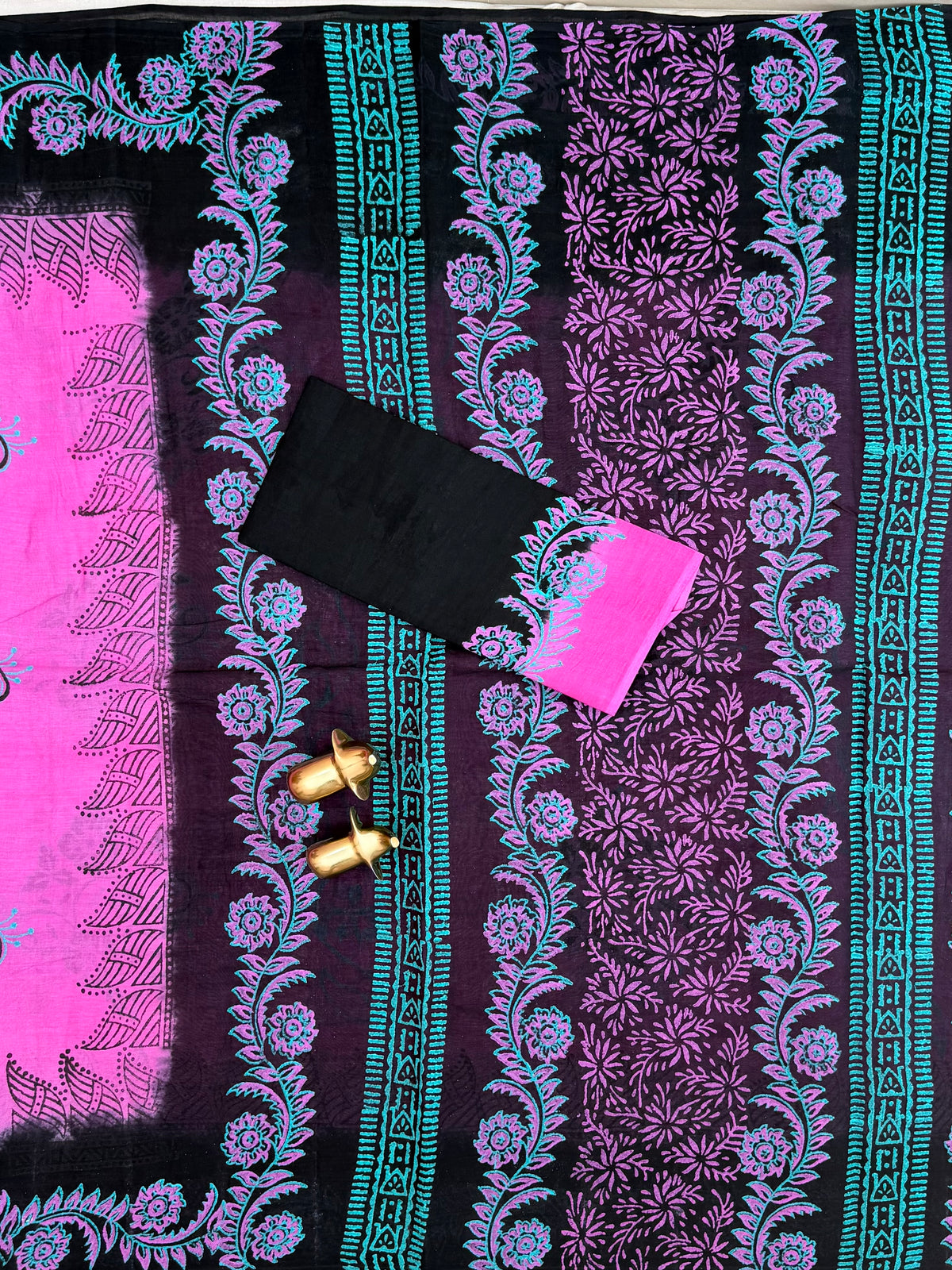 Pure Cotton with Hand Block Prints - Purple with Balck
