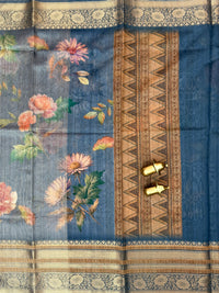 Unique Semi Tussar with Zari Border and Digital Prints - Blue