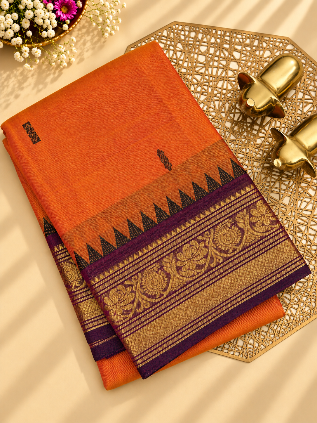 Chettinad Cotton Sarees - Dual Shade of Orange with Pink