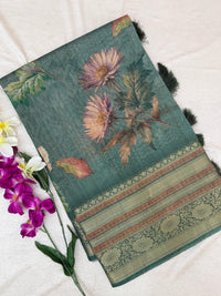 Unique Semi Tussar with Zari Border and Digital Prints - Dark Green