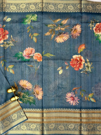 Unique Semi Tussar with Zari Border and Digital Prints - Blue