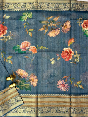 Unique Semi Tussar with Zari Border and Digital Prints - Blue
