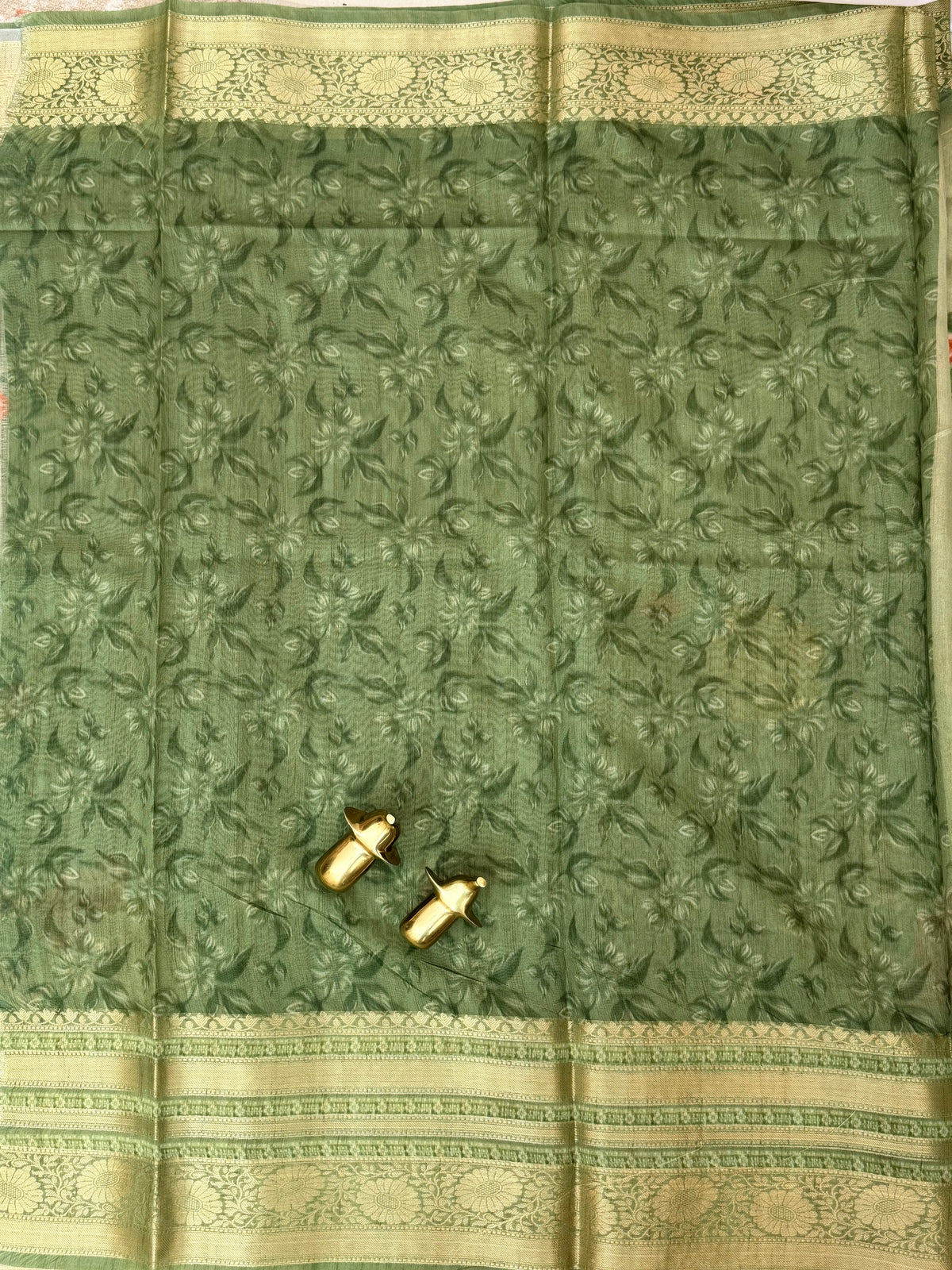 Unique Semi Tussar with Zari Border and Digital Prints - Green
