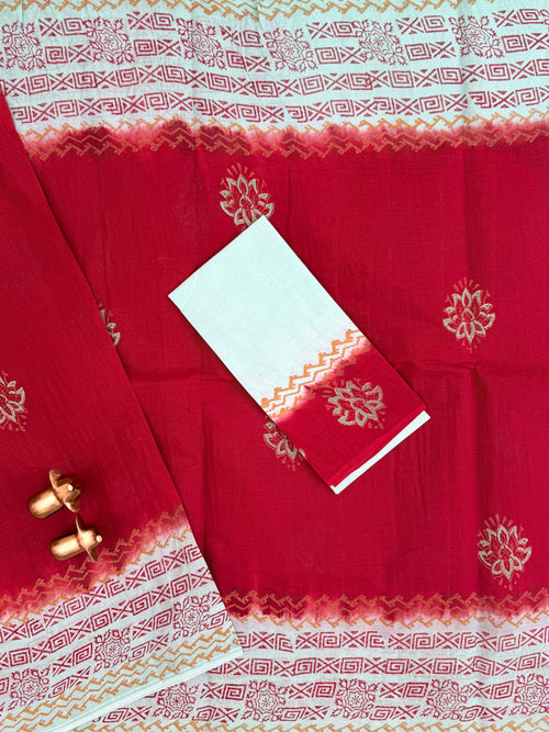 Pure Cotton with Hand Block Prints - Red with Light Green