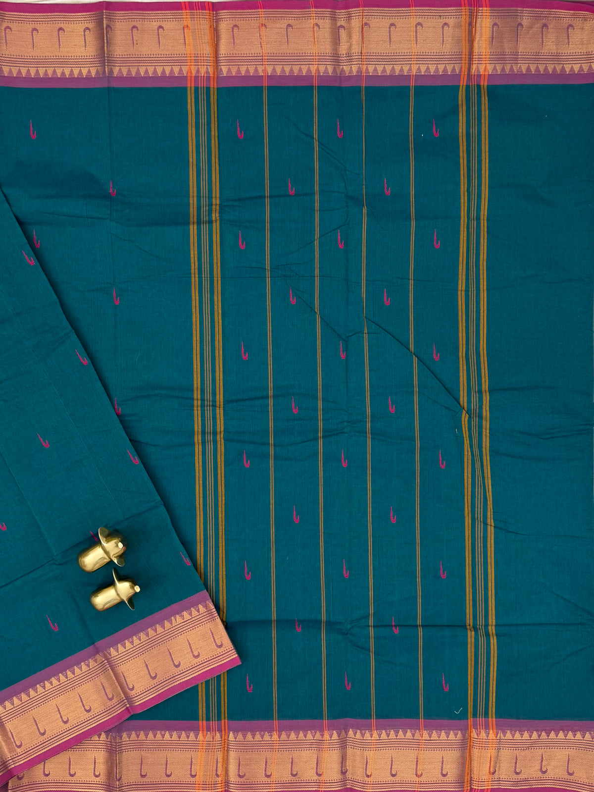 Chettinad Cotton Sarees - Peacock Blue with Pink