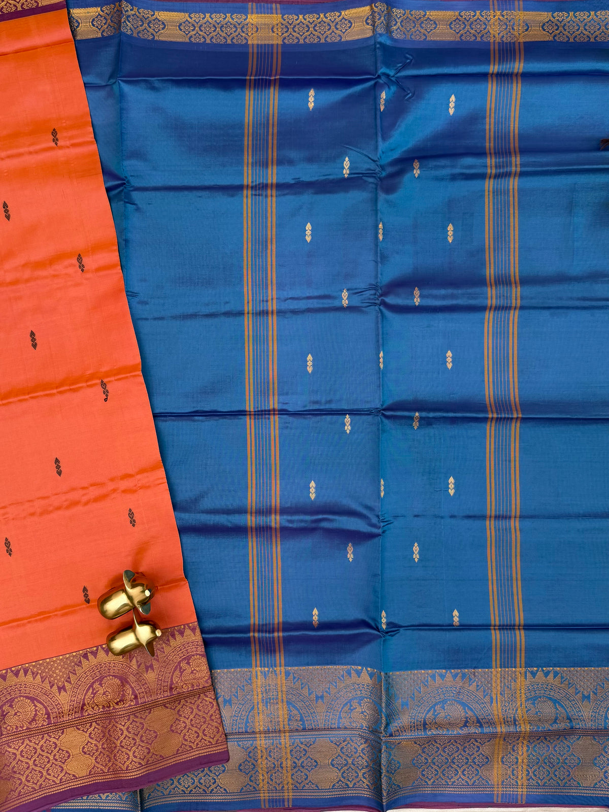 Dark Orange with Blue Chinnalampattu Big Border Saree