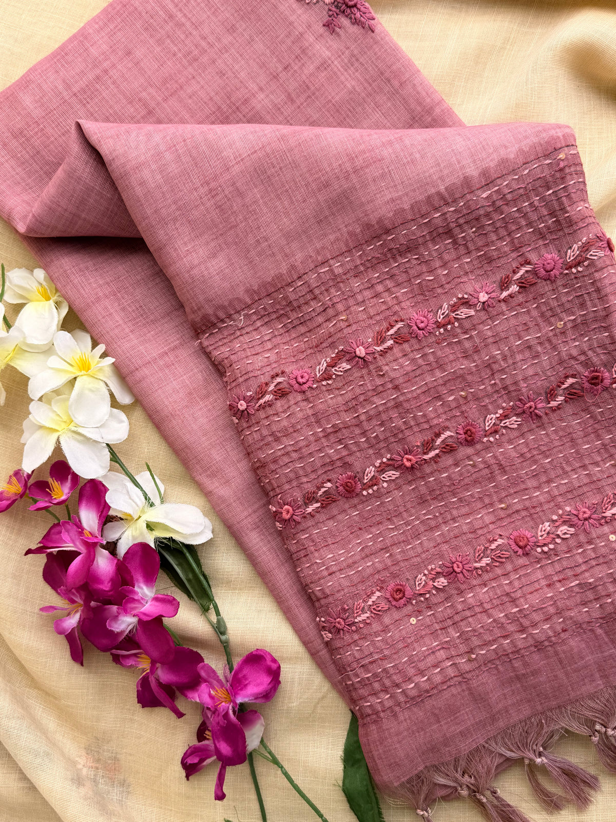 Linen Tissue with Embroidery  Work - Pink