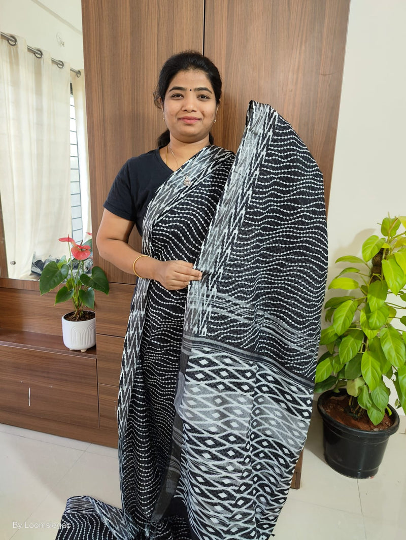 Linen Cotton with Digital Printed Sarees -  Black