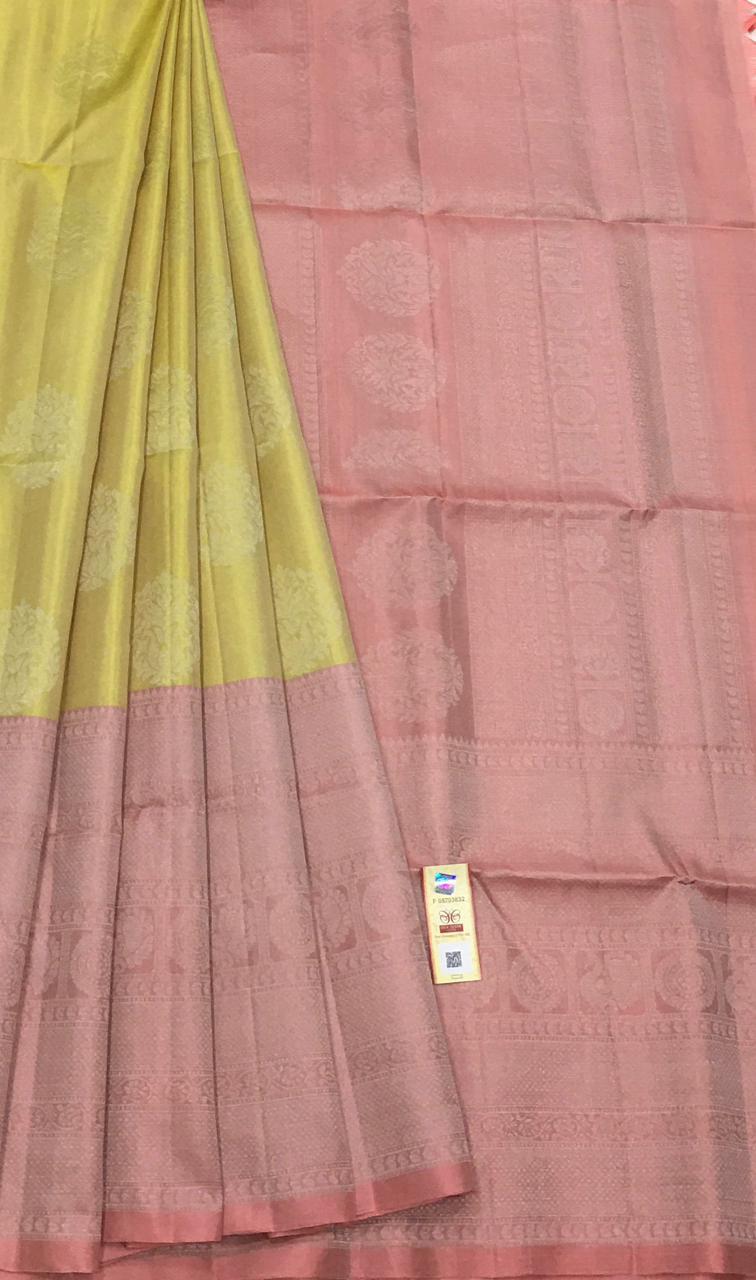 Classical Kanjivaram Pattern Pure Handloom Soft Silk Saree - Yellow with Peach