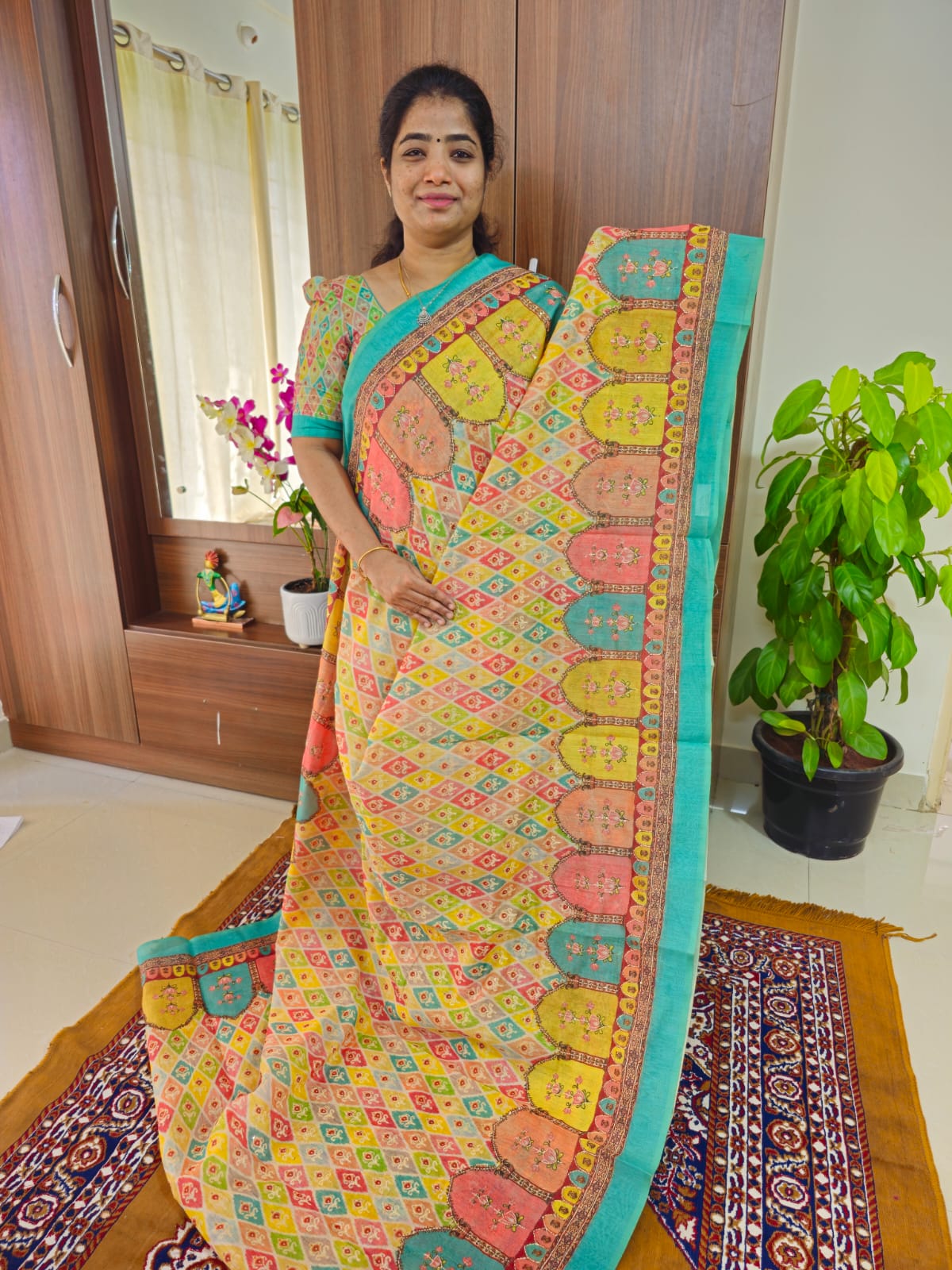 Semi Chanderi Saree with Kantha Embroidery Work - Multi Shade Sea Blue