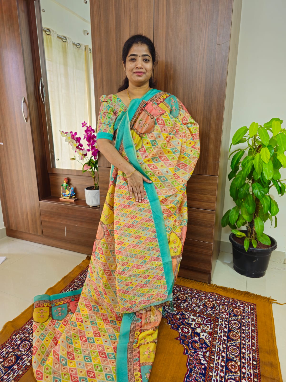 Semi Chanderi Saree with Kantha Embroidery Work - Multi Shade Sea Blue