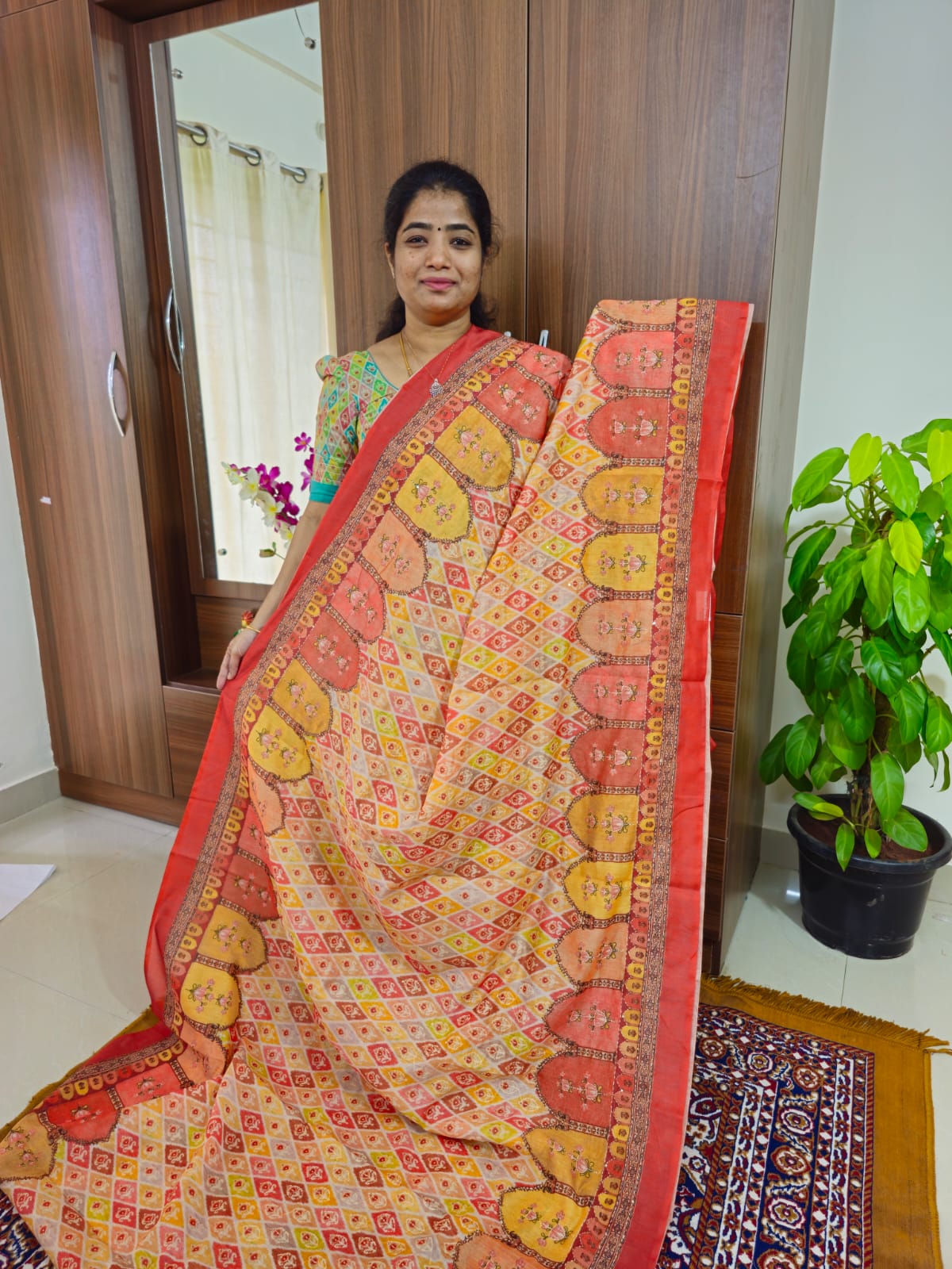 Semi Chanderi Saree with Kantha Embroidery Work - Multi Shade Red