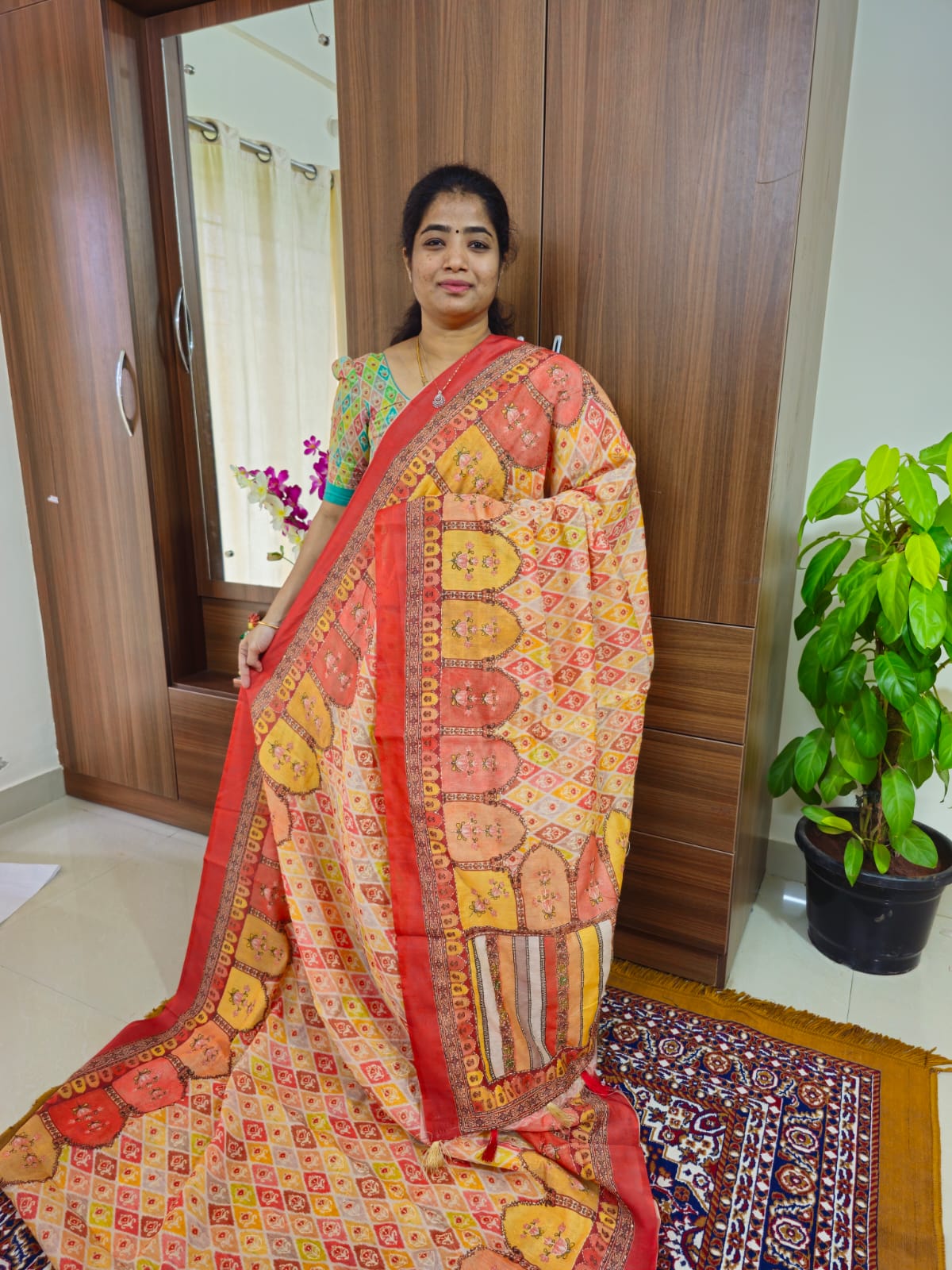 Semi Chanderi Saree with Kantha Embroidery Work - Multi Shade Red