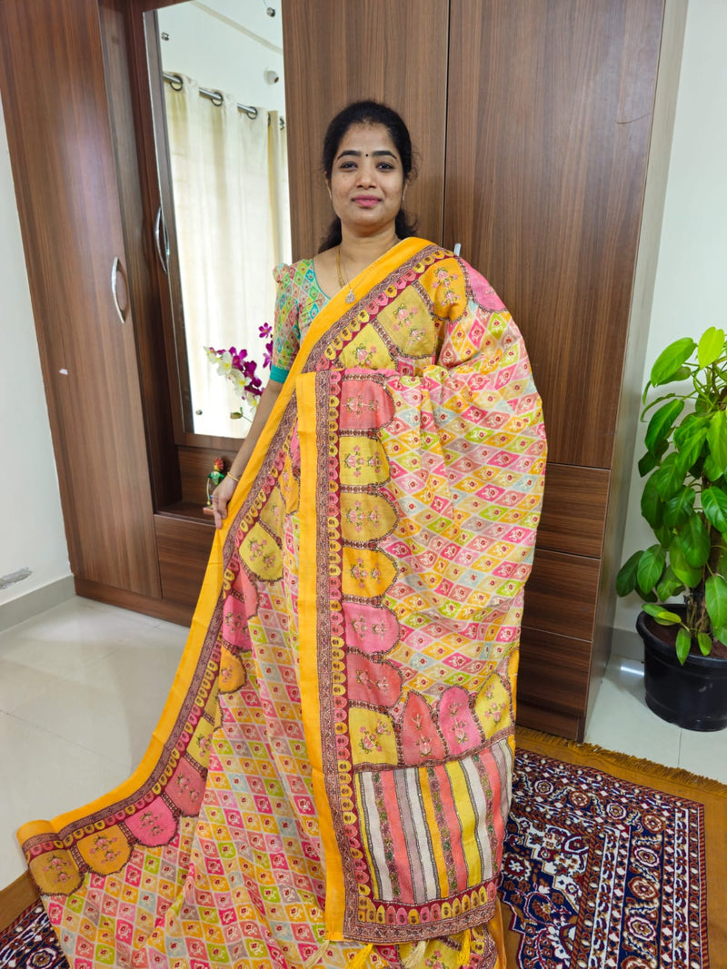 Semi Chanderi Saree with Kantha Embroidery Work - Multi Shade Yellow