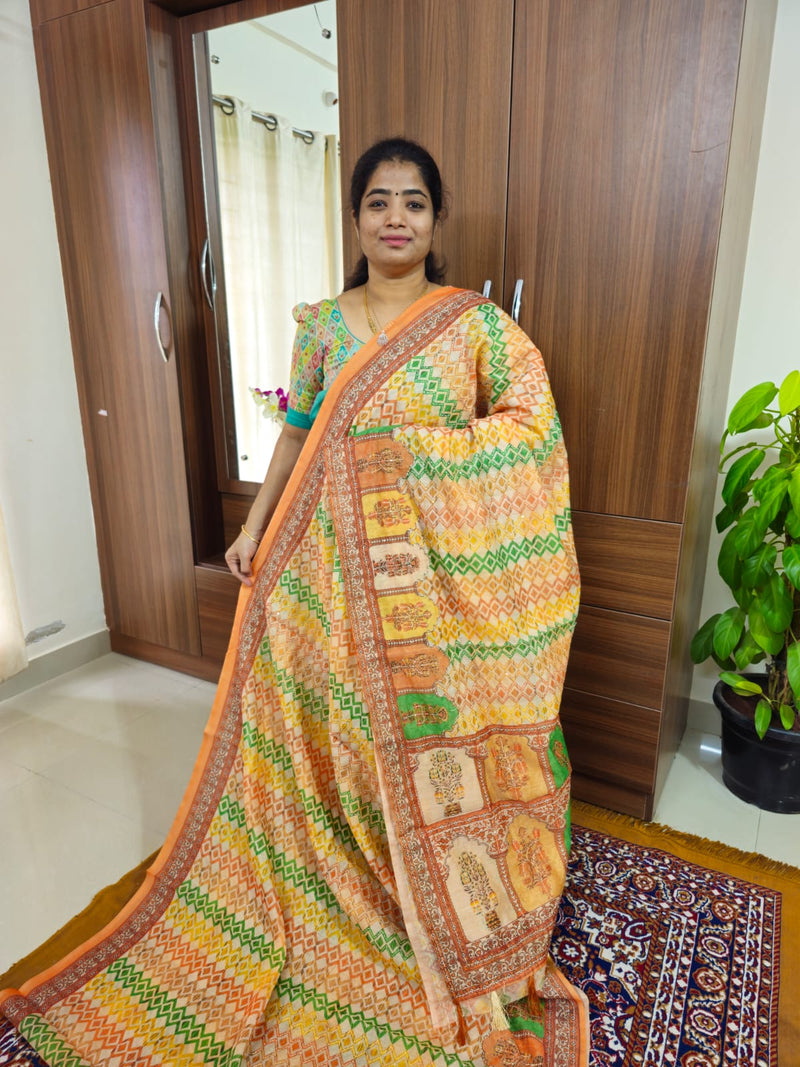 Semi Chanderi Saree with Kantha Embroidery Work - Multi Shade Orange