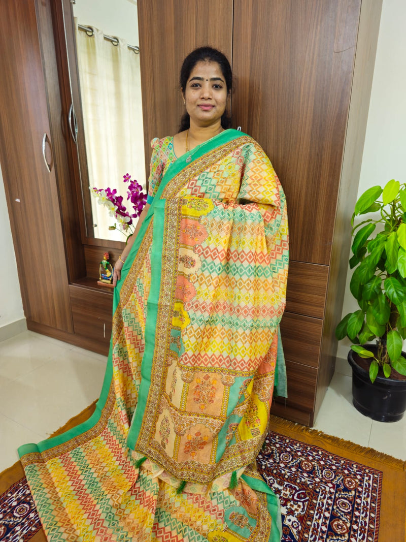 Semi Chanderi Saree with Kantha Embroidery Work - Multi Shade Sea Green