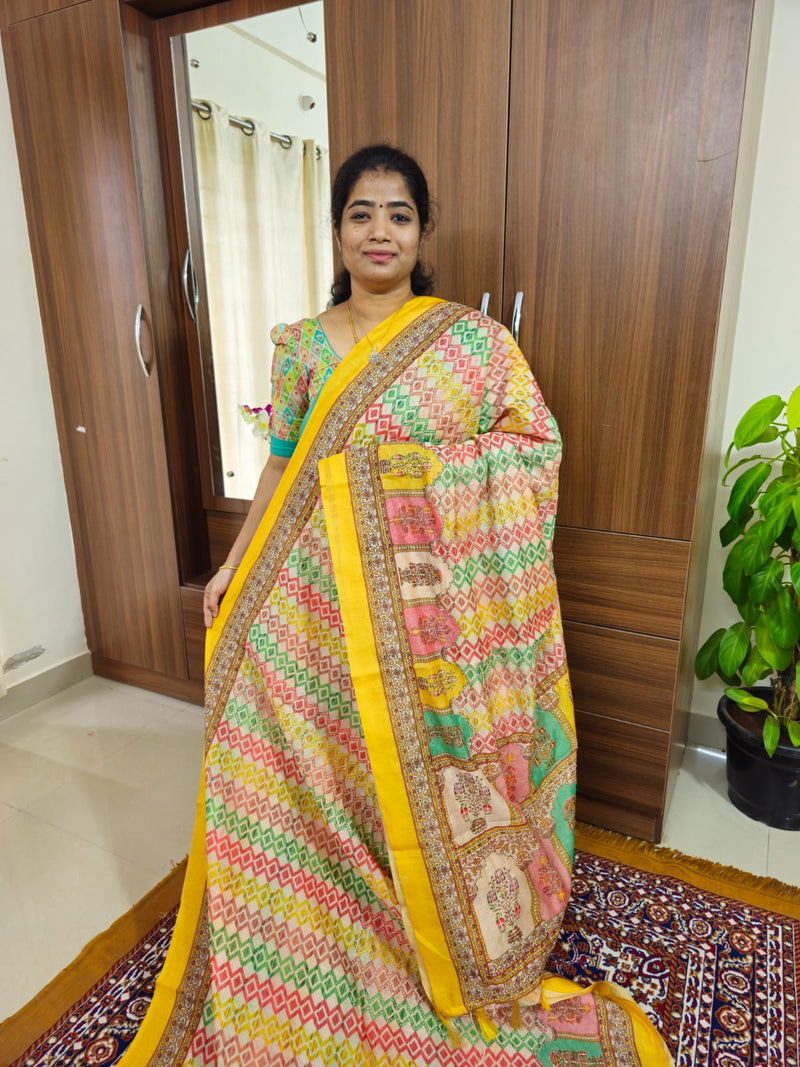 Semi Chanderi Saree with Kantha Embroidery Work - Multi Shade Yellow