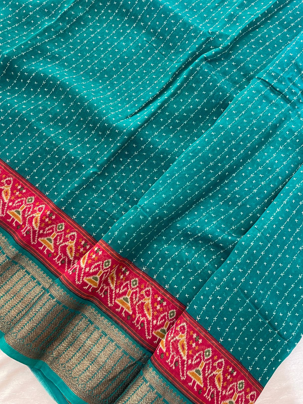 Pure Chanderi Butter Silk - Peacock Green with Red