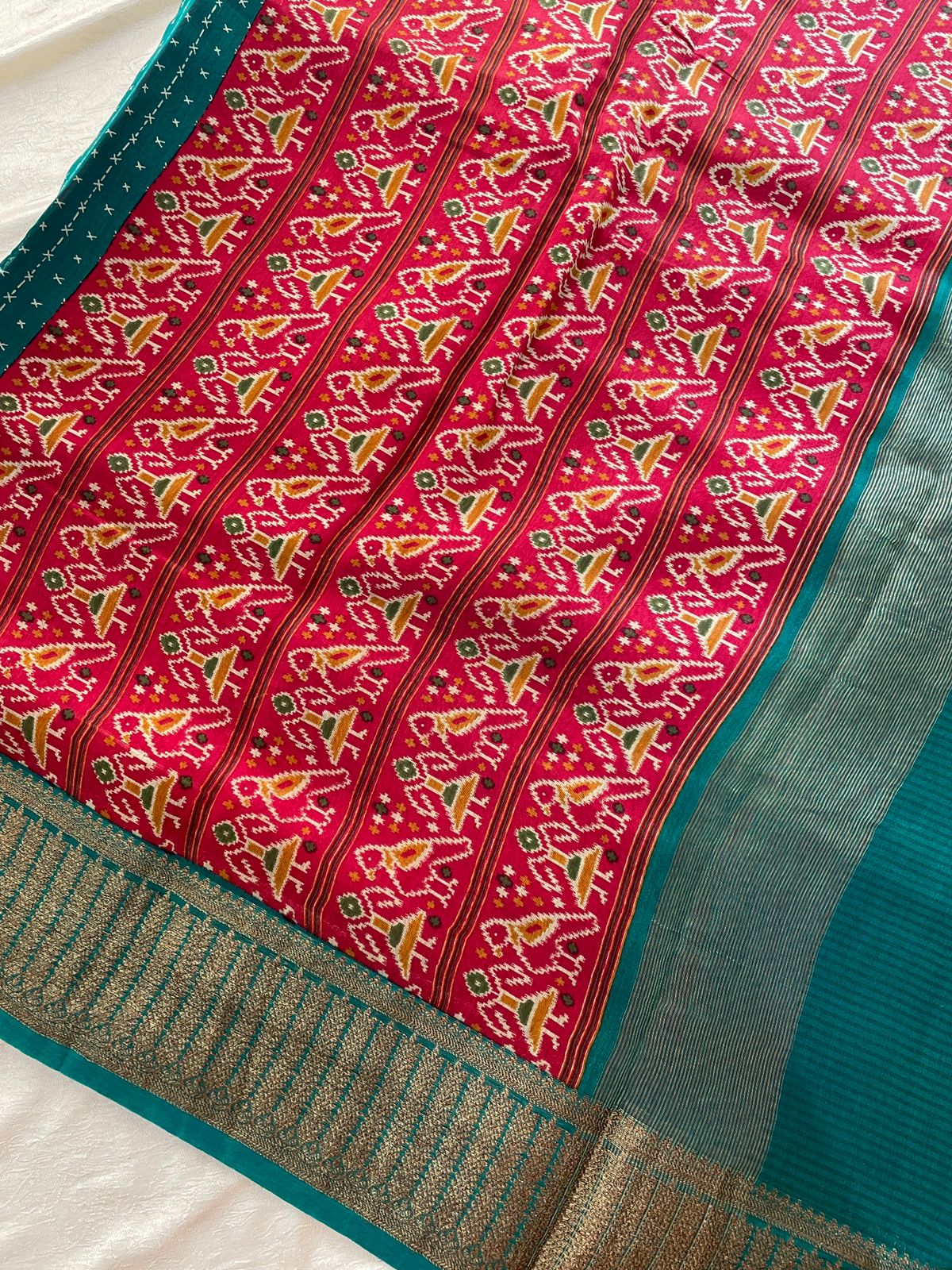 Pure Chanderi Butter Silk - Peacock Green with Red