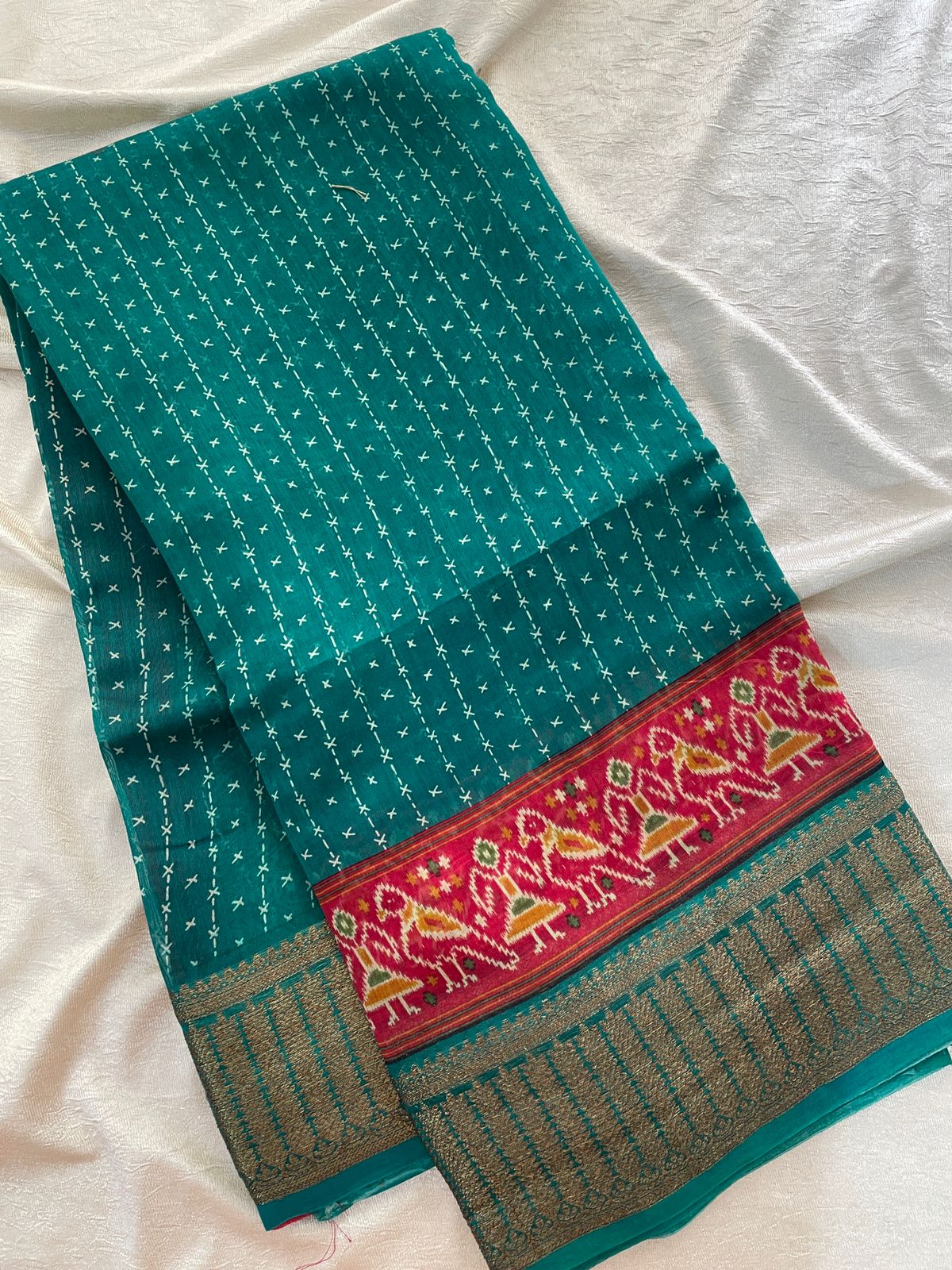 Pure Chanderi Butter Silk - Peacock Green with Red