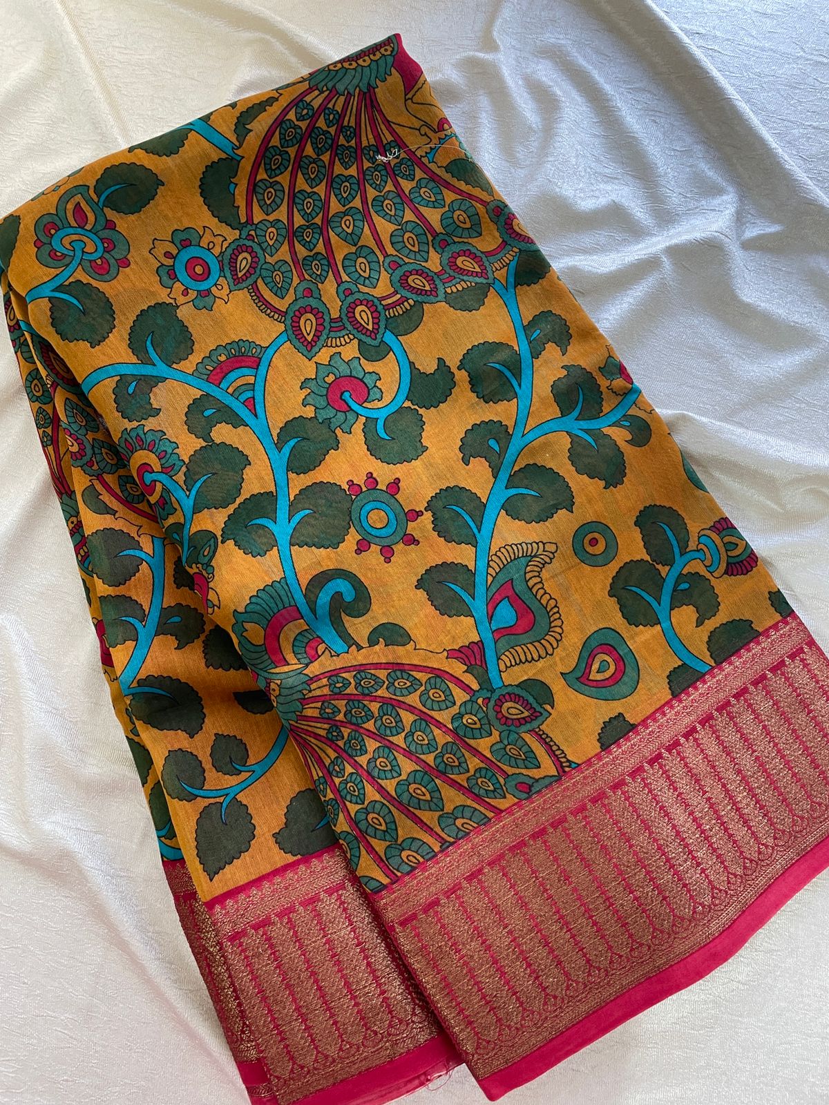 Pure Chanderi Butter Silk - Yellow with Red