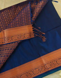 Sea Green with Navy Blue Copper Zari Woven Border Semi Soft Silk Saree