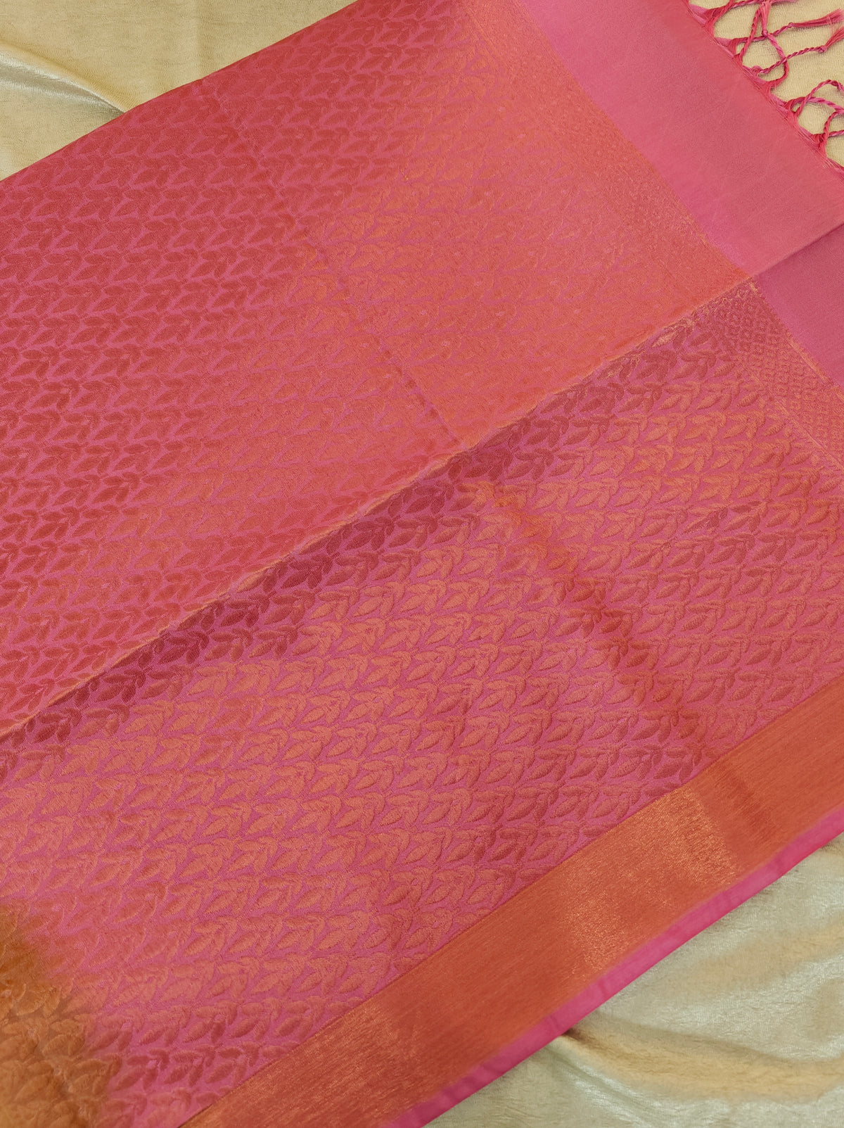 Green with Pink Copper Zari Woven Border Semi Soft Silk Saree