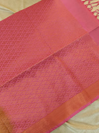 Green with Pink Copper Zari Woven Border Semi Soft Silk Saree