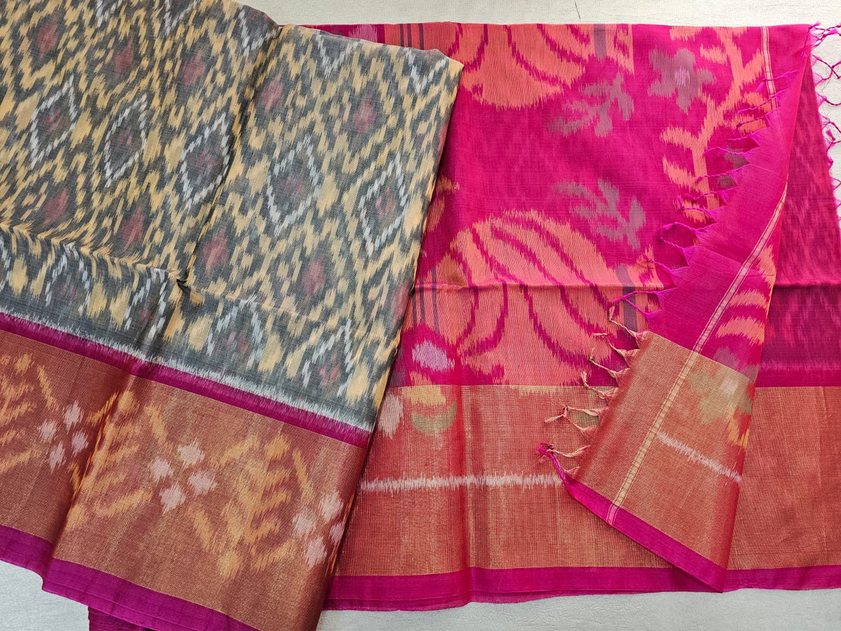 Grey with Pink  Pochampally Ikkat Silk Cotton (SICO Pattu)