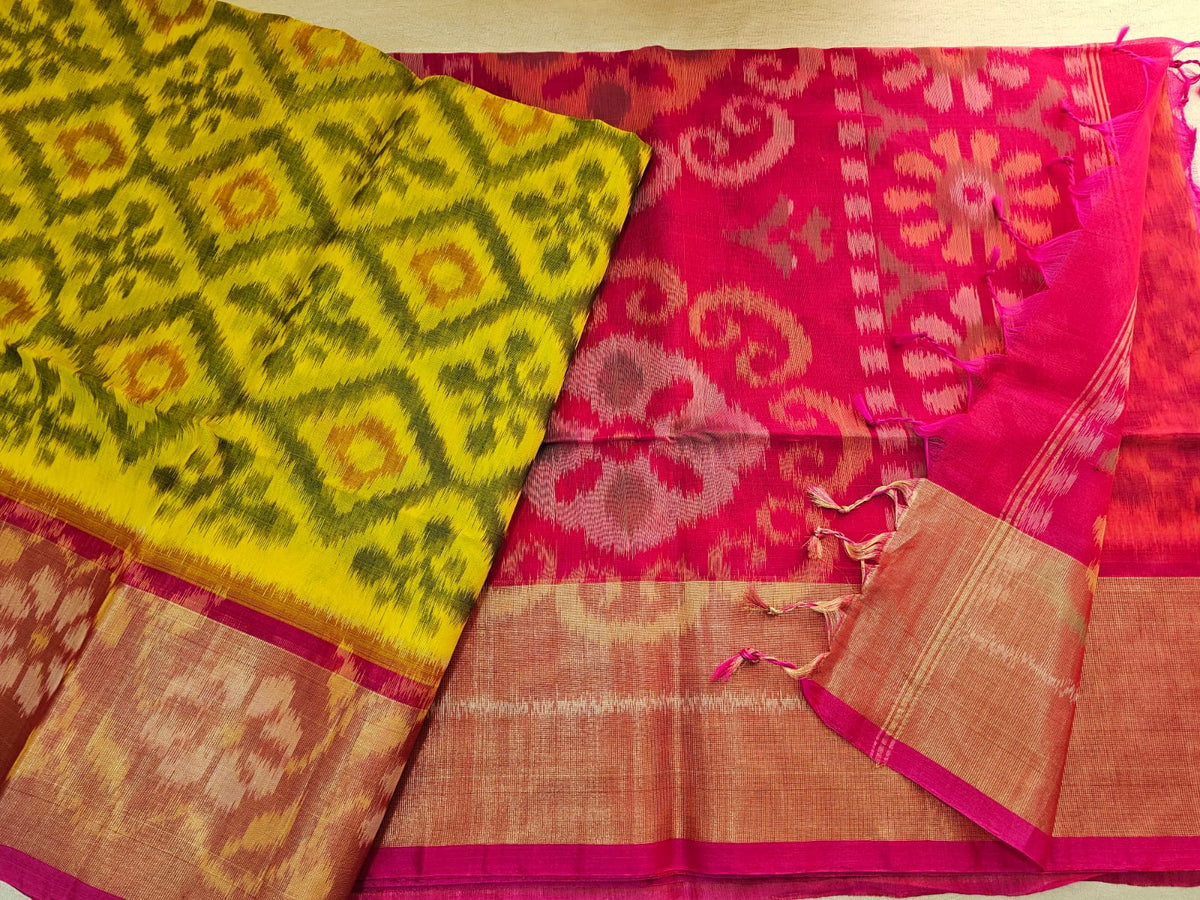 Yellow with Pink   Pochampally Ikkat Silk Cotton (SICO Pattu)