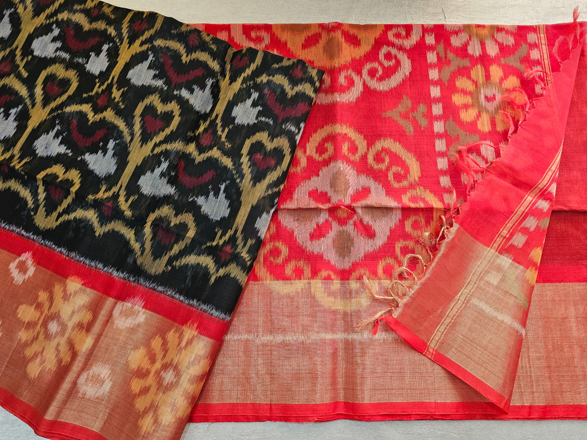 Black with Red   Pochampally Ikkat Silk Cotton (SICO Pattu)