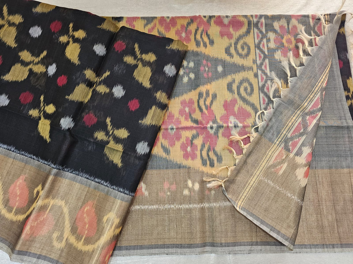 Black with Grey  Pochampally Ikkat Silk Cotton (SICO Pattu)