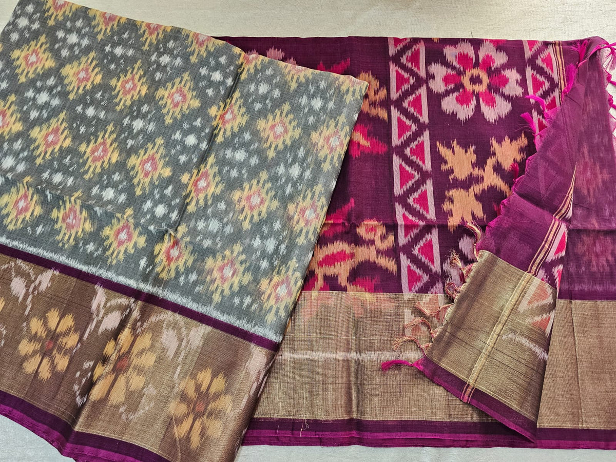 Grey with Magenta Pink   Pochampally Ikkat Silk Cotton (SICO Pattu)