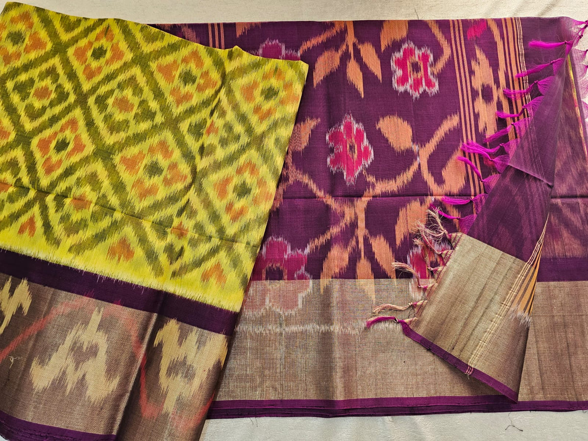 Yellow with Purple   Pochampally Ikkat Silk Cotton (SICO Pattu)