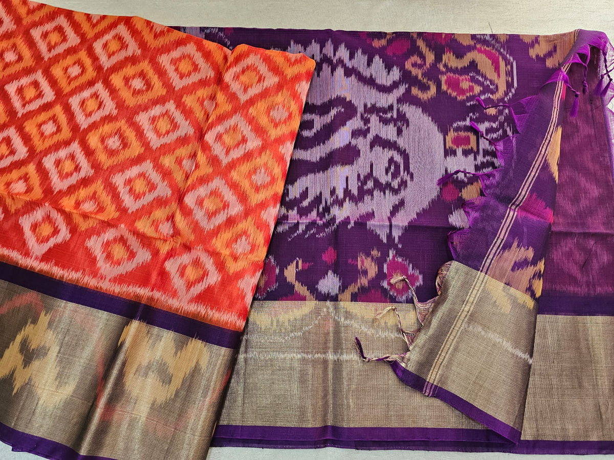 Orange with Purple   Pochampally Ikkat Silk Cotton (SICO Pattu)