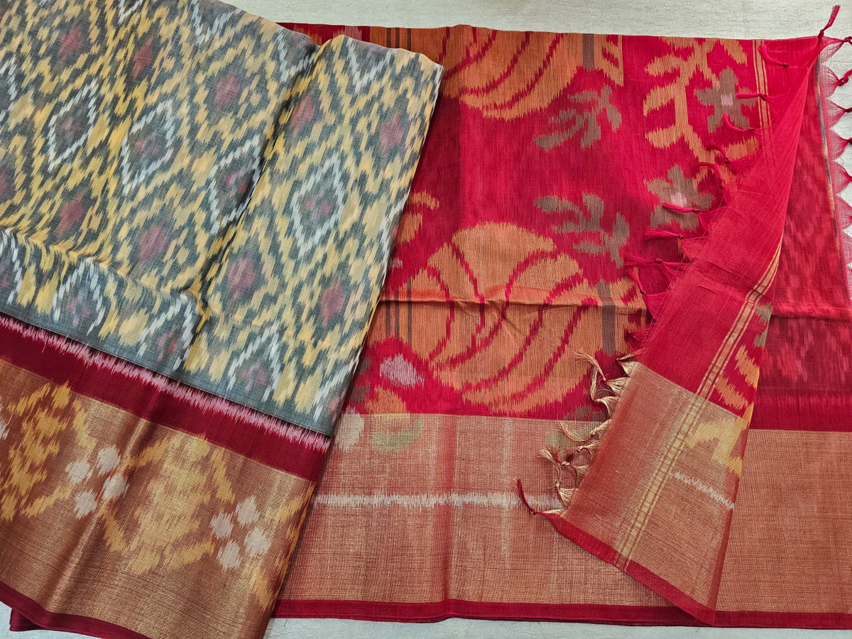 Grey with Red  Pochampally Ikkat Silk Cotton (SICO Pattu)