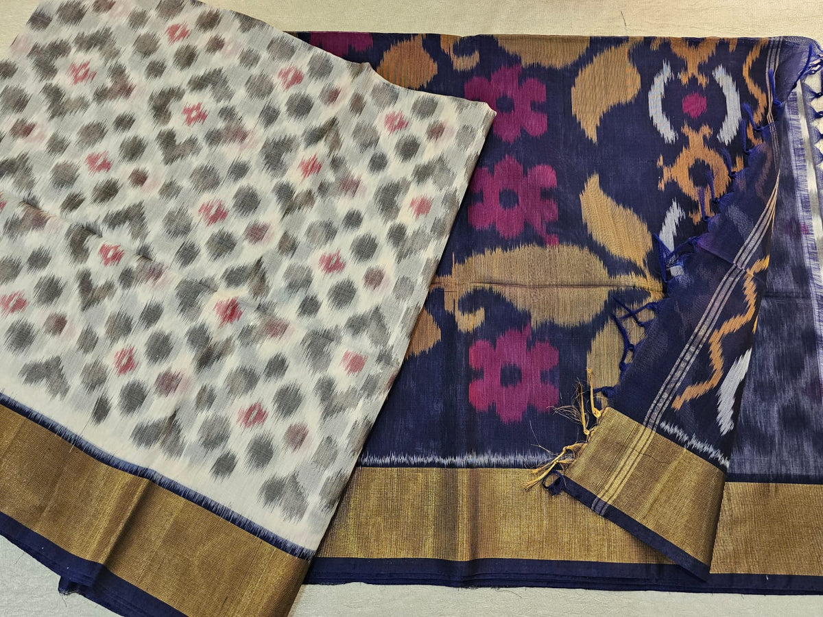 White with Nevy Blue   Pochampally Ikkat Silk Cotton (SICO Pattu)