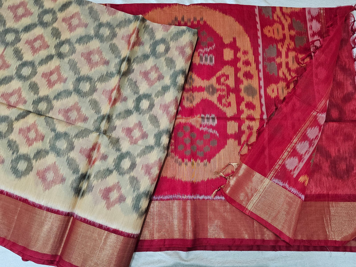 Cream withRed Pochampally Ikkat Silk Cotton (SICO Pattu)